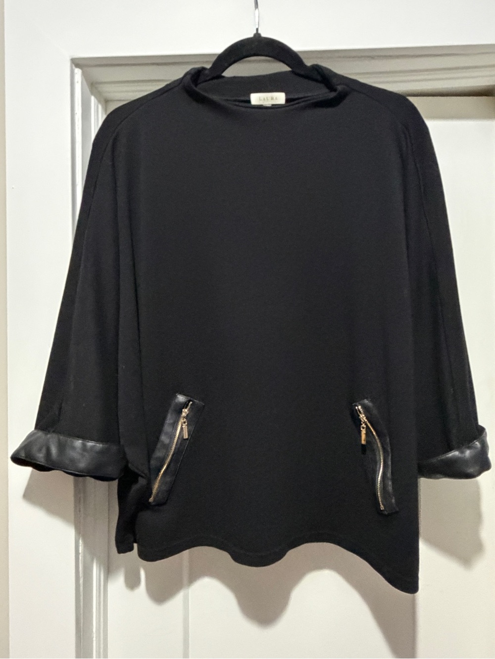 Laura Black Women's Dolman Sleeve Top with Leather-Trim Zipper Pockets